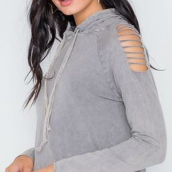 Grey Stonewash Laser Cut Shoulders Sweatshirt - Picture 3 of 4